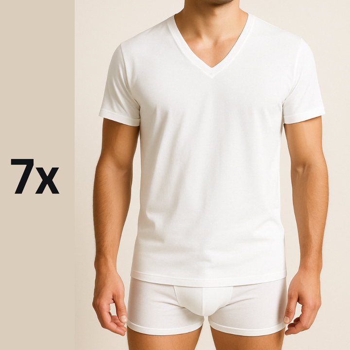 Men’s Full Week Premium Cotton V-Neck Half-sleeve Undershirts Bundle - 7 Pieces | باقة نصف كم رجالي للأسبوع