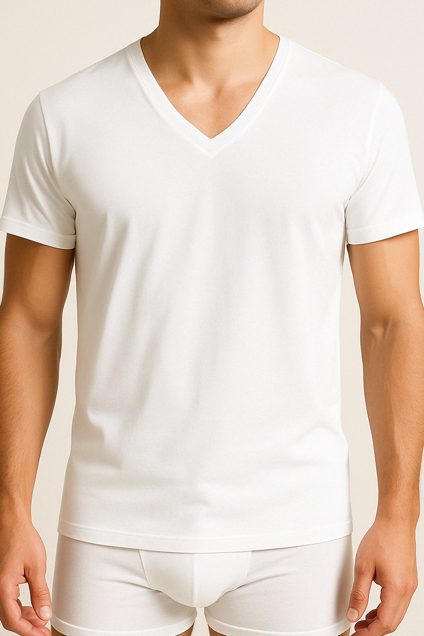 A man wearing a white V-neck half-sleeve undershirt and white briefs.