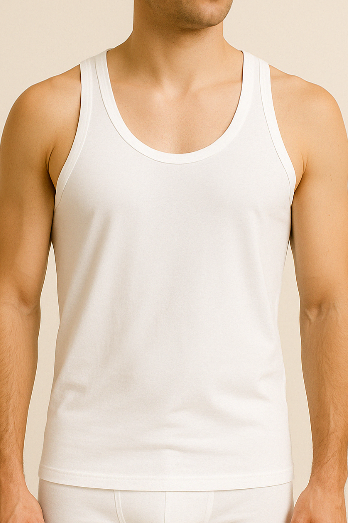 White tank top worn by a person on a beige background