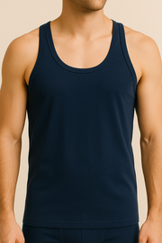 Navy tank top worn by a person on a beige background