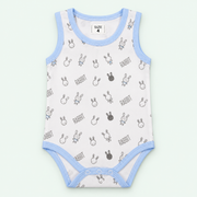 White baby rabbit-print sleeveless bodysuit with blue trim