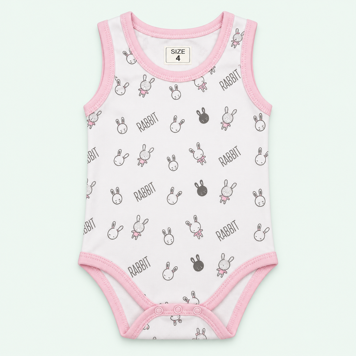 White baby rabbit-print sleeveless bodysuit with pink trim