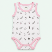 White baby rabbit-print sleeveless bodysuit with pink trim