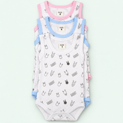 Baby rabbit-print sleeveless bodysuits stacked in pink, blue and white trim