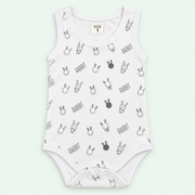 White baby rabbit-print sleeveless bodysuit with white trim