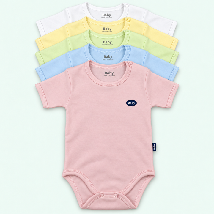 Baby short-sleeve bodysuits in pink, blue, light green, yellow and white on pastel mint