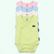 Baby 100% organic cotton sleeveless wrap-front bodysuit - all four colors on pale mint background