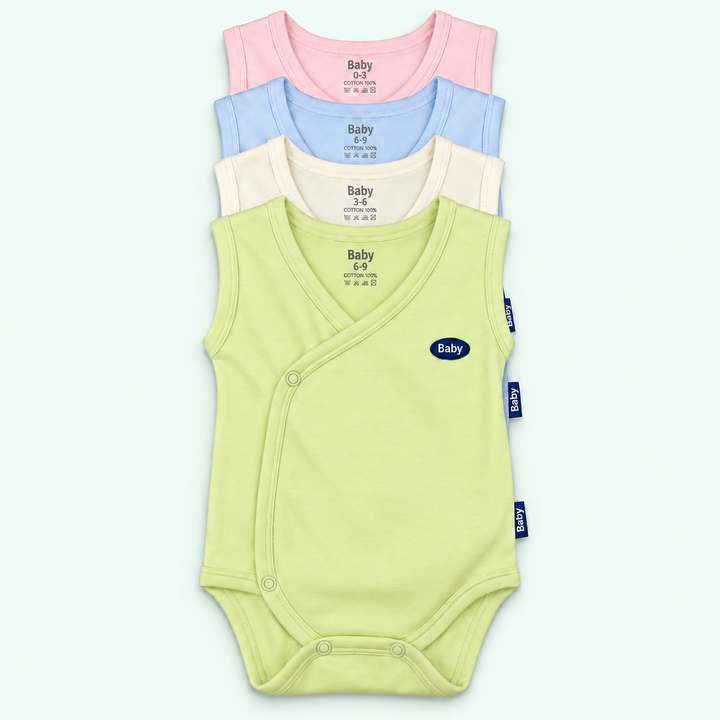 Baby 100% organic cotton sleeveless wrap-front bodysuit - all four colors on pale mint background