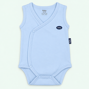 Baby 100% organic cotton sleeveless wrap-front bodysuit - light blue on pale mint background