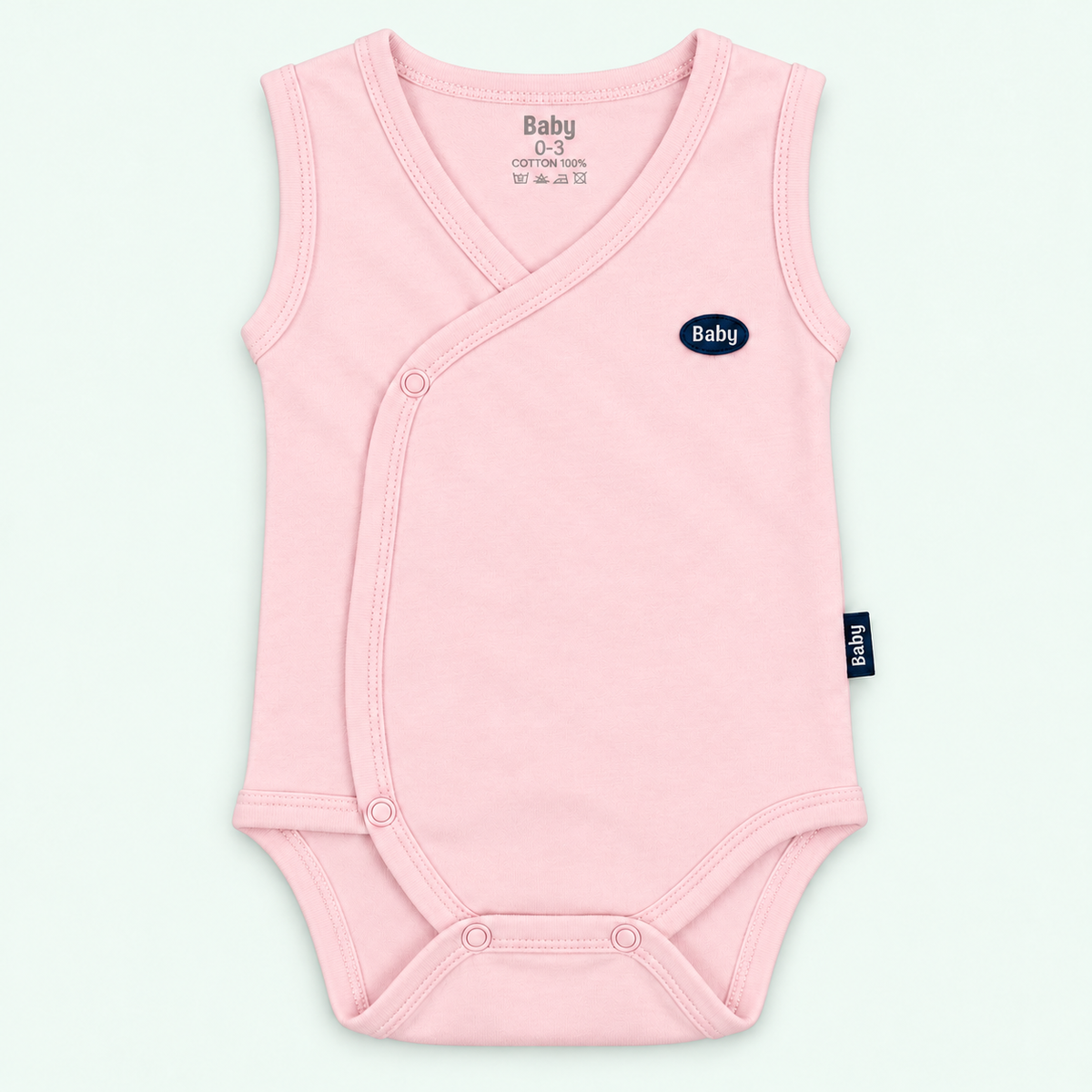 Baby 100% organic cotton sleeveless wrap-front bodysuit - pink on pale mint background