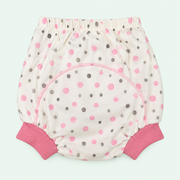 Baby 100% cotton diaper-cover pants — pink and gray dots — one size up to 2 years