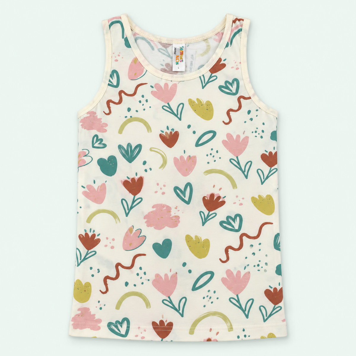 Kids – Cream Floral 100% Cotton Undershirt – فانيلة أطفال كريمية قطن 100% بنقشة زهور