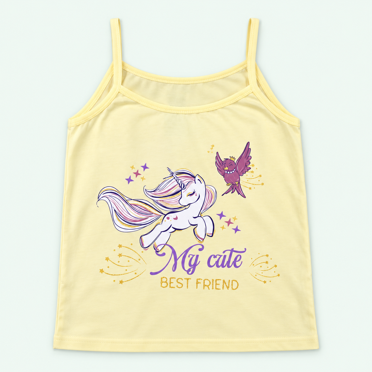 Pale Yellow Kids’ My Cute Unicorn 100% Cotton Camisole | أندرشيرت أطفال قطن 100% بطبعة يونيكورن