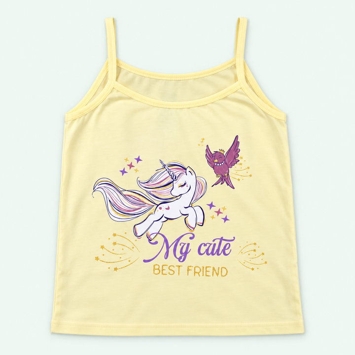 Pale Yellow Kids’ My Cute Unicorn 100% Cotton Camisole | أندرشيرت أطفال قطن 100% بطبعة يونيكورن