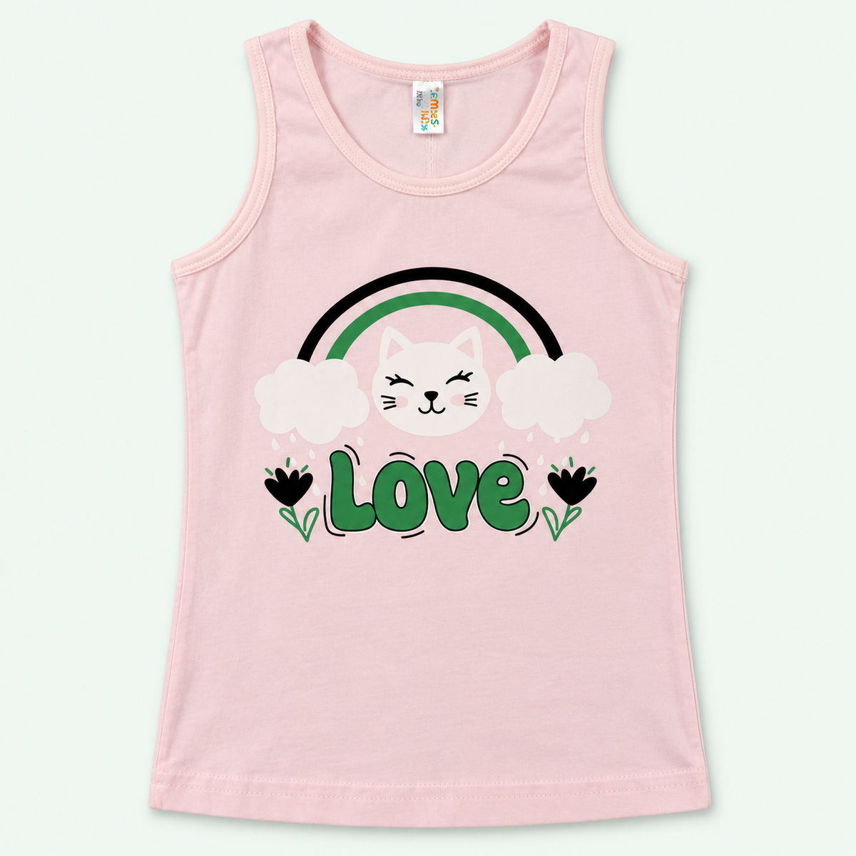 Kids – Pink Cat Love 100% Cotton Undershirt – فانيلة أطفال وردية قطن 100% بطبعة قطة