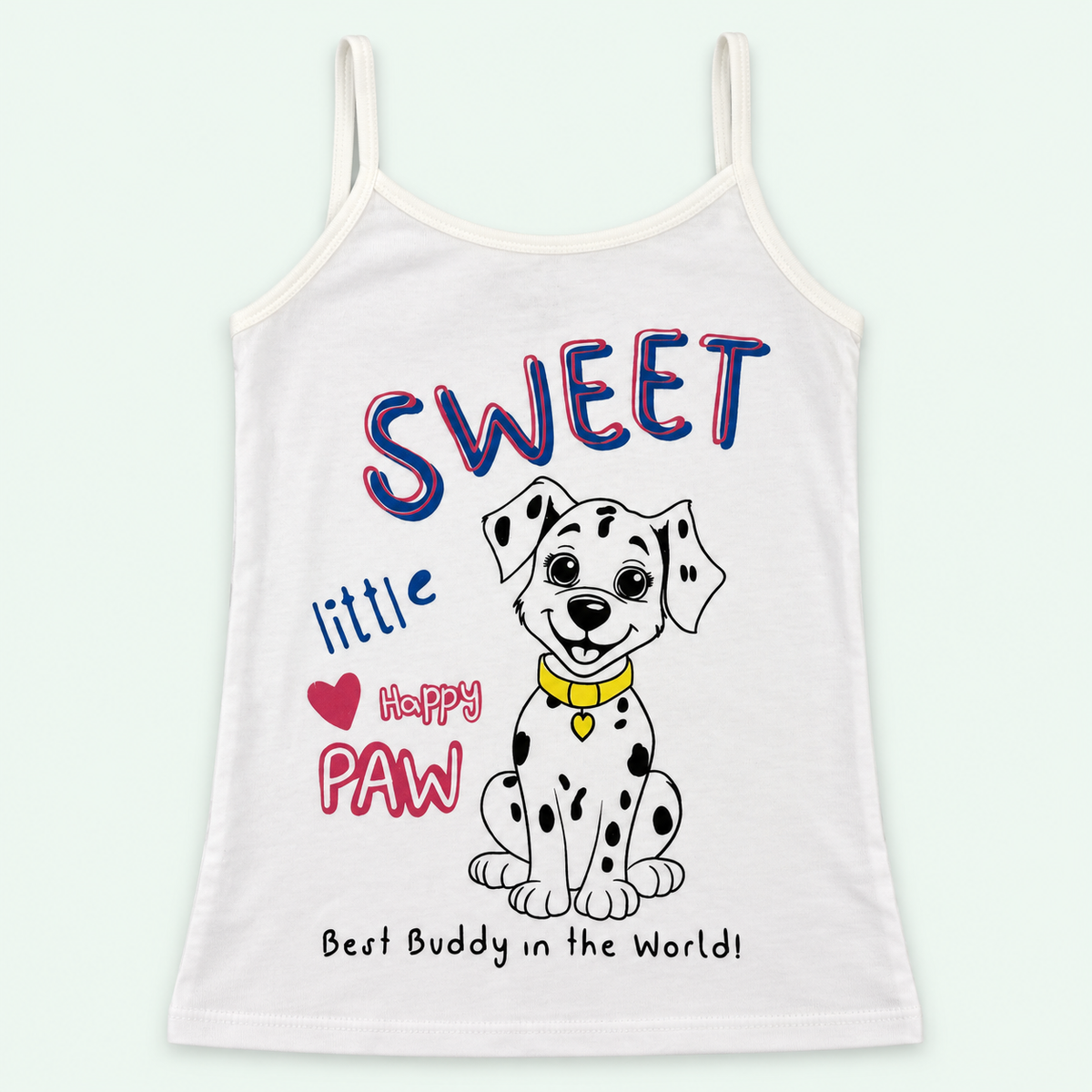 White – Kids' Sweet Puppy Camisole – 100% Cotton | قميص داخلي للأطفال برسمة جرو – قطن 100%