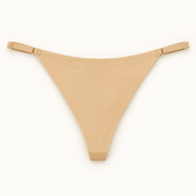 Beige adjustable strap thong slips. Fits L to XXL. One piece.