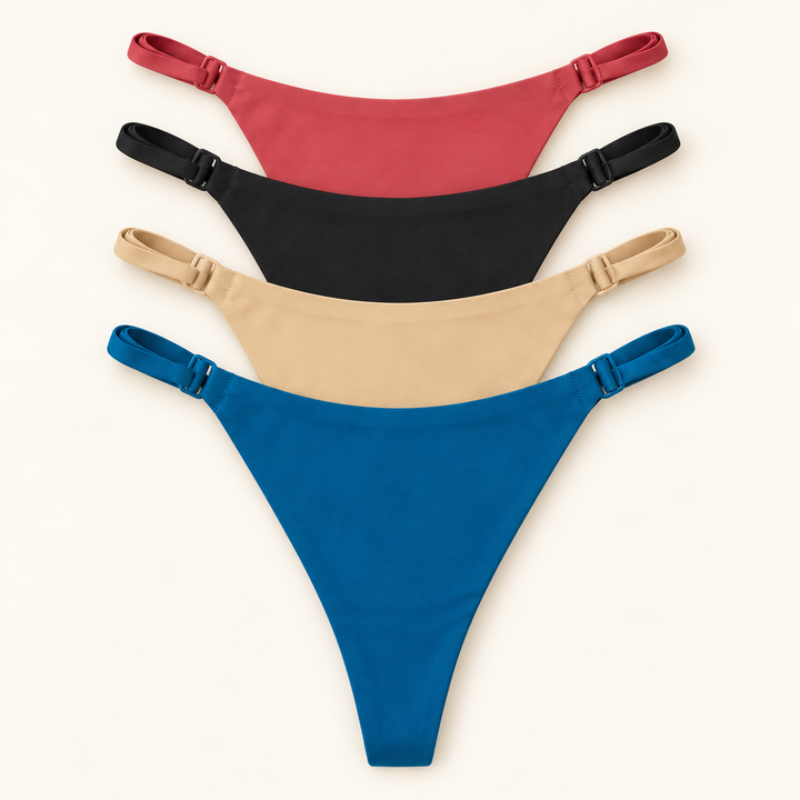 Adjustable-Strap Thong Slips stacked to show all 4 colours. Sold individually in your selected colour.