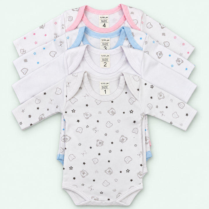 Baby Long-Sleeve Bodysuit, 100% Cotton, all colors stacked, on pastel mint background