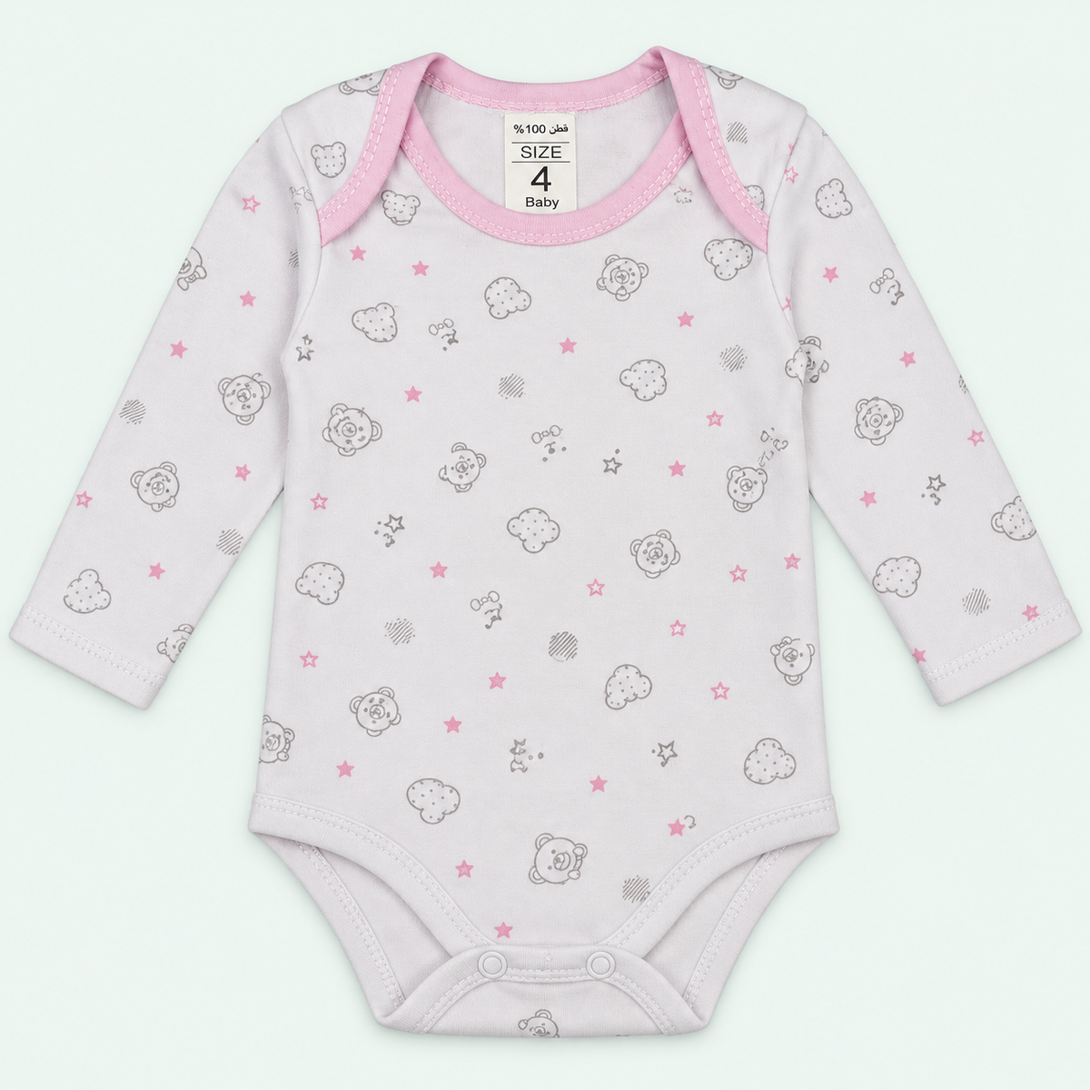 Baby Long-Sleeve Bodysuit, 100% Cotton, Pink Print, on pastel mint background