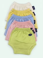 100% cotton baby pull-on briefs in cream, yellow, light blue, pink and lime green, stacked on pastel mint