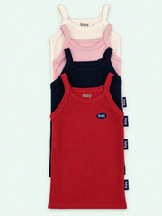 100% cotton baby thin-strap vests in cream, pink, navy and red, stacked on pastel mint