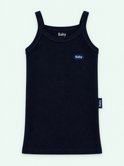 100% cotton baby thin-strap vest in navy with Baby label on pastel mint