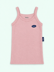 100% cotton baby thin-strap vest in pink with Baby label on pastel mint