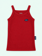 100% cotton baby thin-strap vest in red with Baby label on pastel mint