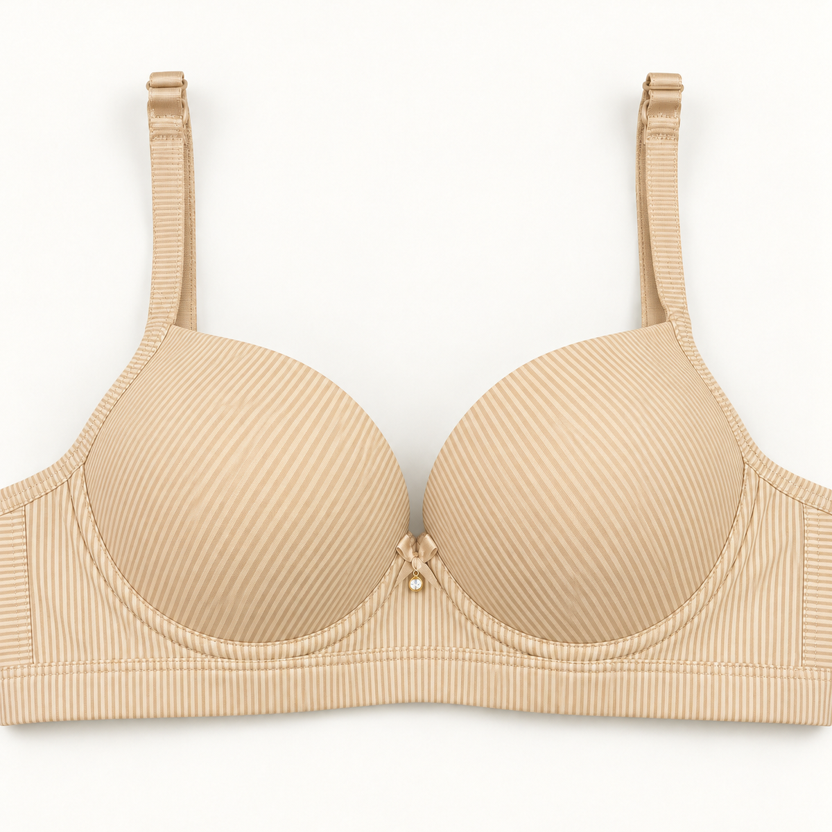 Beige push-up bra with fine pinstripes and a small centre bow.