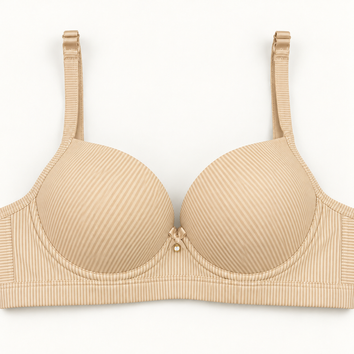 Beige push-up bra with fine pinstripes and a small centre bow.