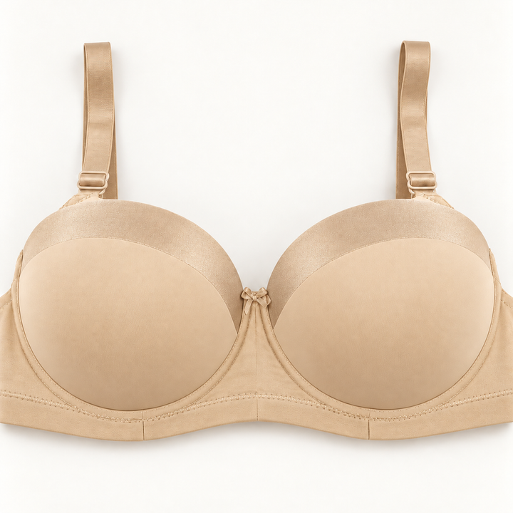 Beige push-up bra with subtly contrasting champagne-beige curved panels along the upper cups. Finished with matching straps, a plain stitched band and a small centre bow.