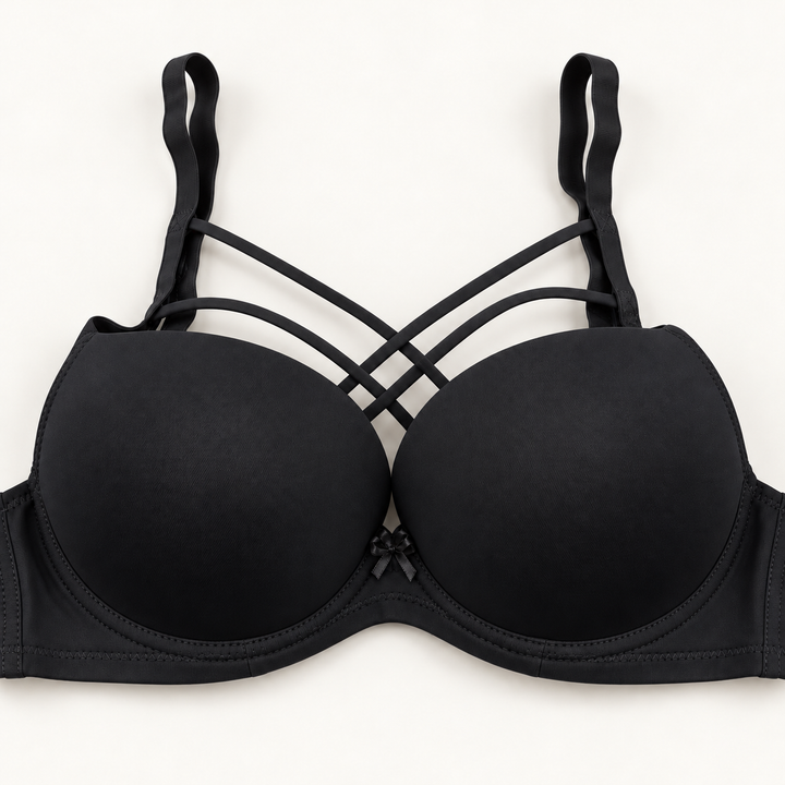 black cross-strap push-up bra with smooth cups, plain band and centre bow