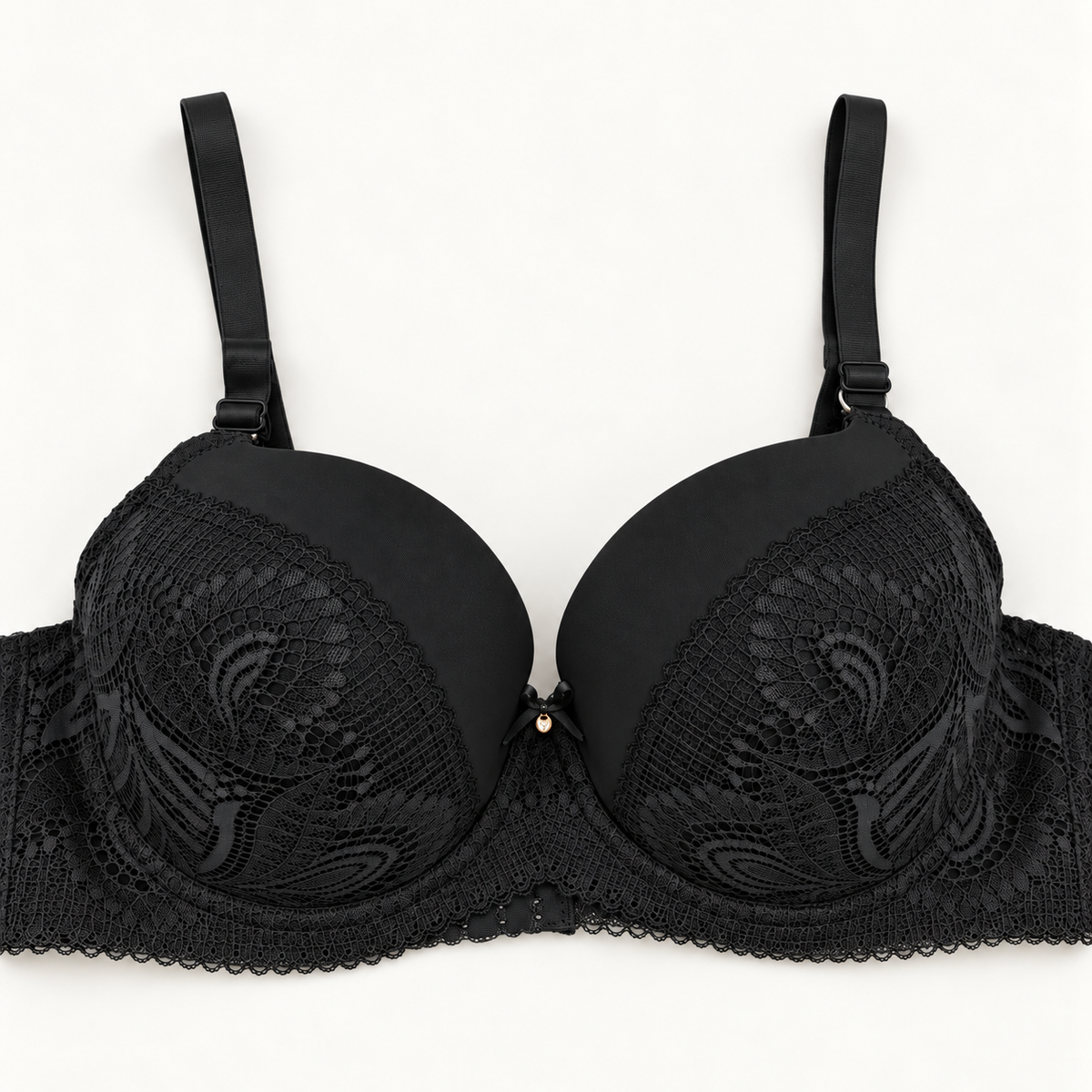 Black lace unpadded push-up bra with diagonal floral-lace panels and a scalloped lace band.