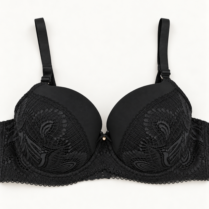 Black lace unpadded push-up bra with diagonal floral-lace panels and a scalloped lace band.