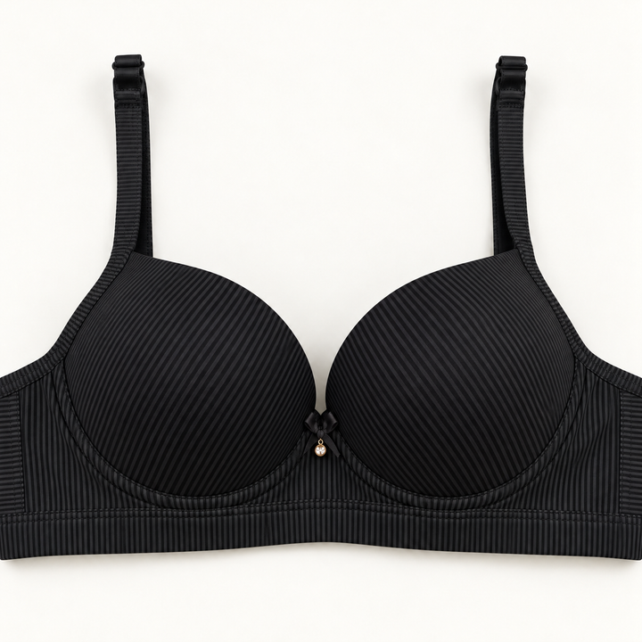 Black push-up bra with fine pinstripes and a small centre bow.