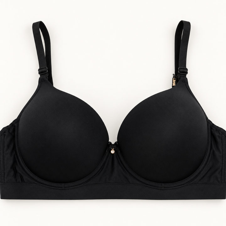Black push-up bra with smooth cups, a plain band and a small centre bow.