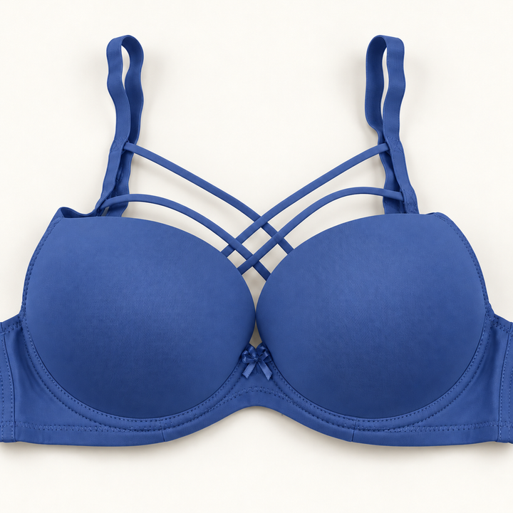blue cross-strap push-up bra with smooth cups, plain band and centre bow