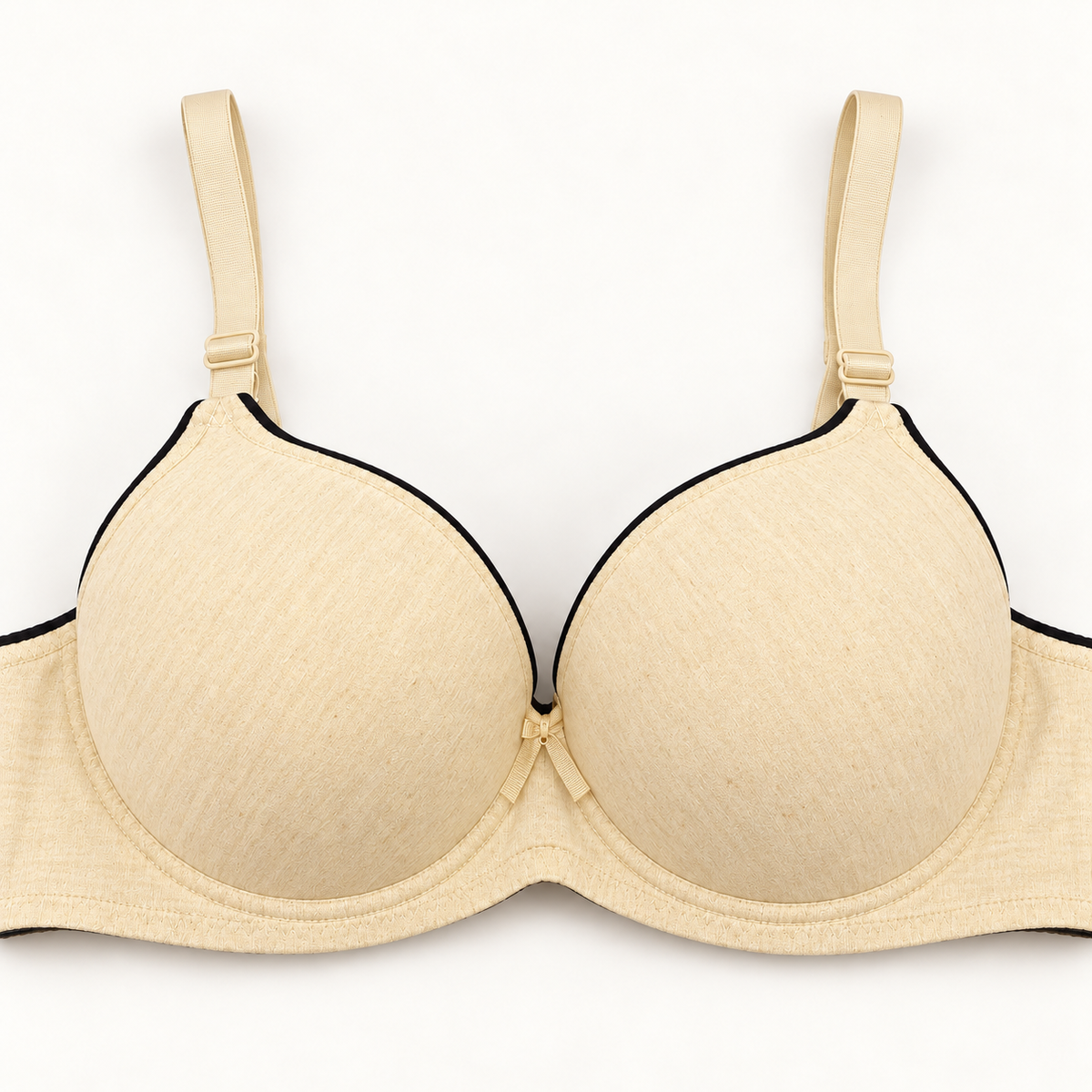 Cream push-up bra with black trim and matching adjustable straps, front view.