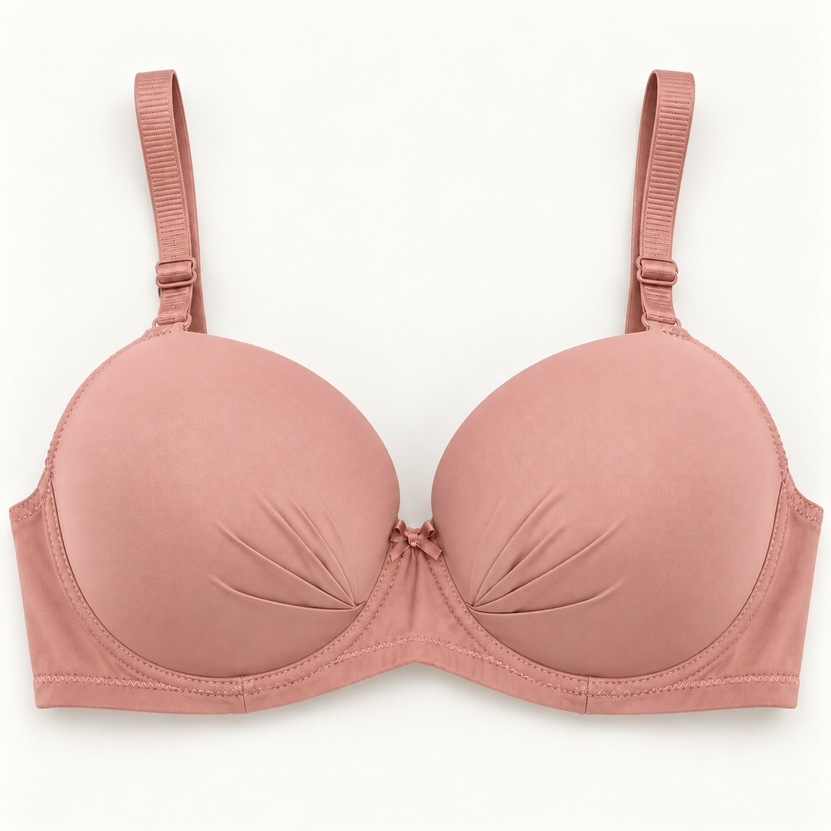 Dusty Rose gathered-cup unpadded push-up bra with matching straps and centre bow