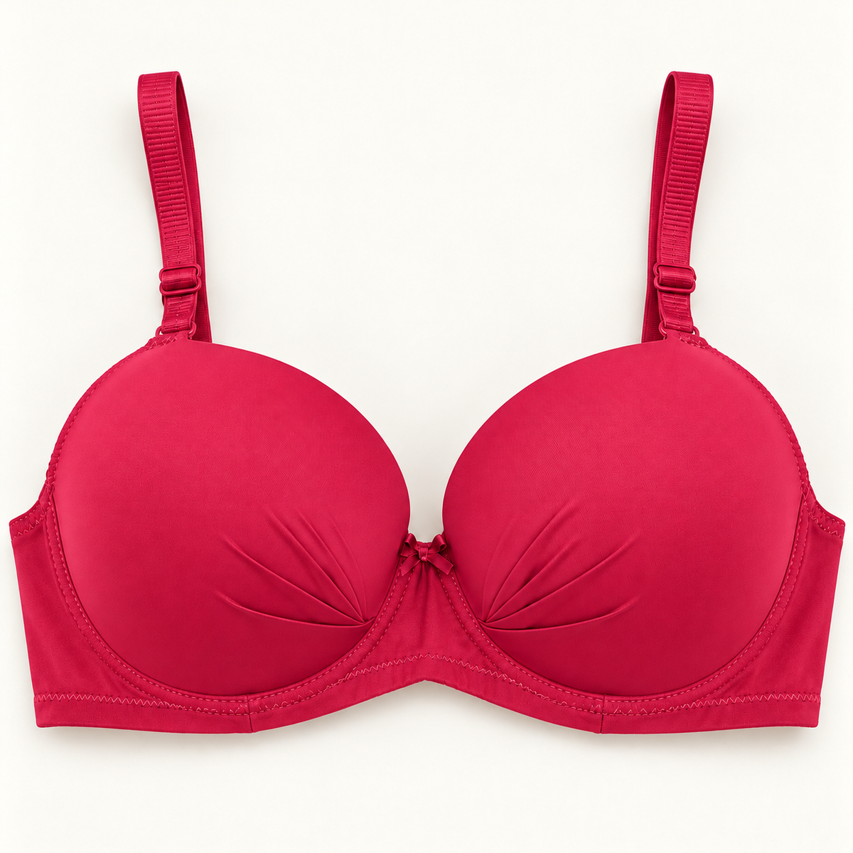 Fuchsia gathered-cup unpadded push-up bra with matching straps and centre bow