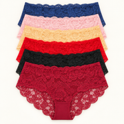 Full floral-lace slips stacked to show Navy, Light Pink, Peach, Red, Black and Burgundy. Sold individually in your selected colour.