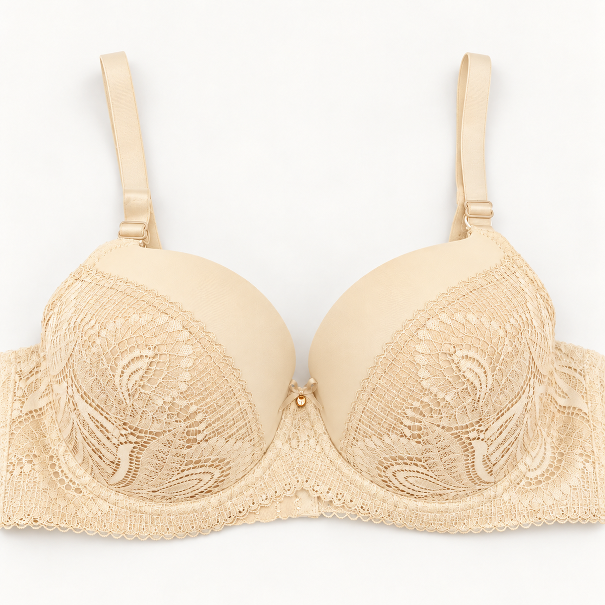 Ivory lace unpadded push-up bra with diagonal floral-lace panels and a scalloped lace band.
