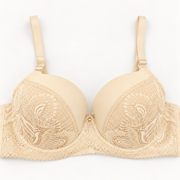 Ivory lace unpadded push-up bra with diagonal floral-lace panels and a scalloped lace band.