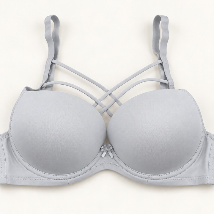 light grey cross-strap push-up bra with smooth cups, plain band and centre bow