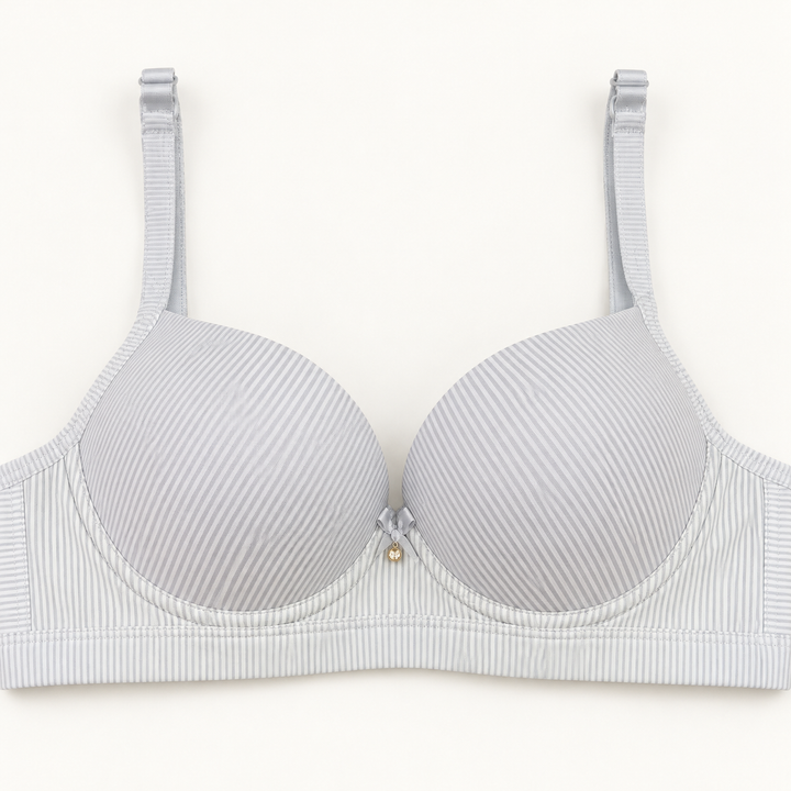 Light grey push-up bra with fine pinstripes and a small centre bow.