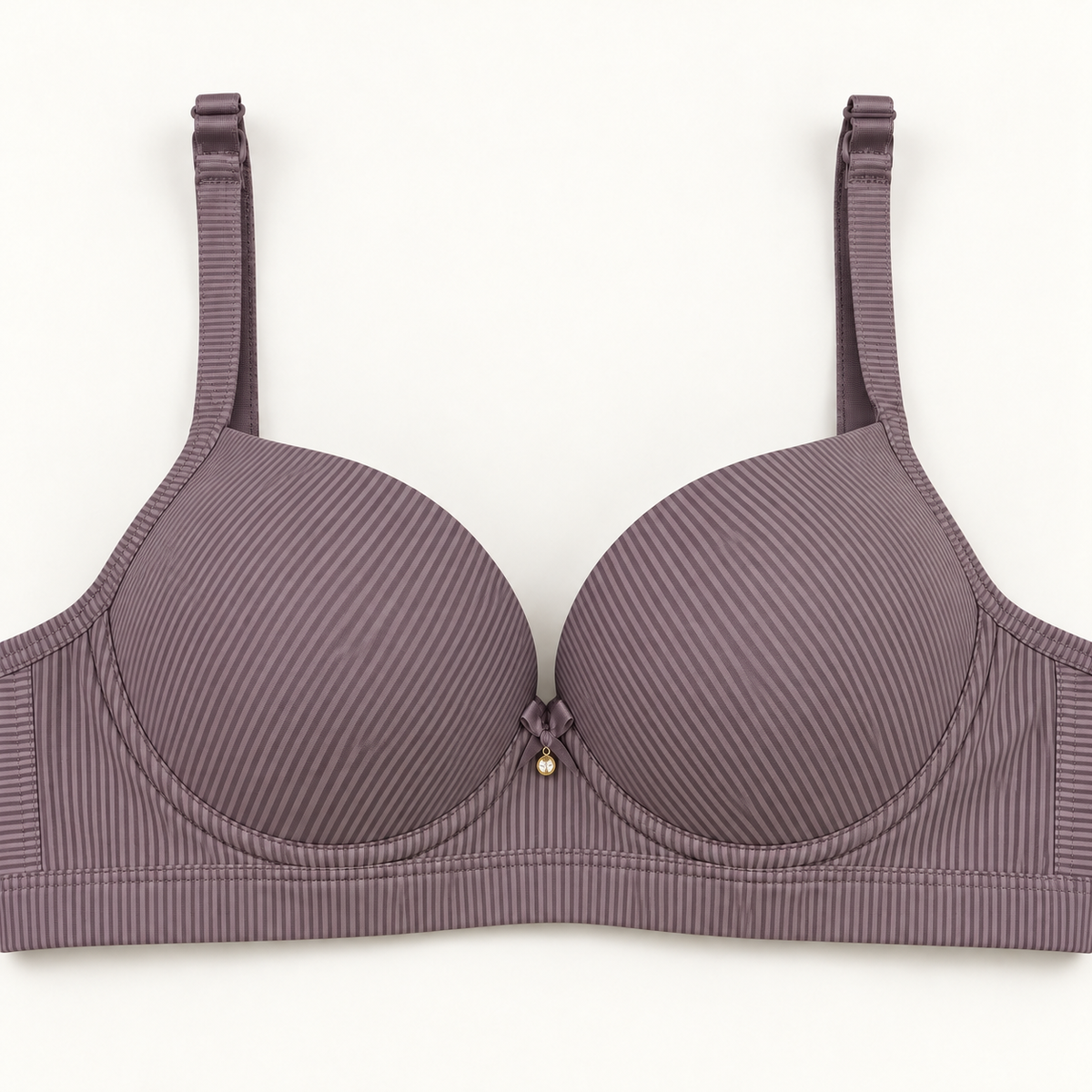 Mauve push-up bra with fine pinstripes and a small centre bow.