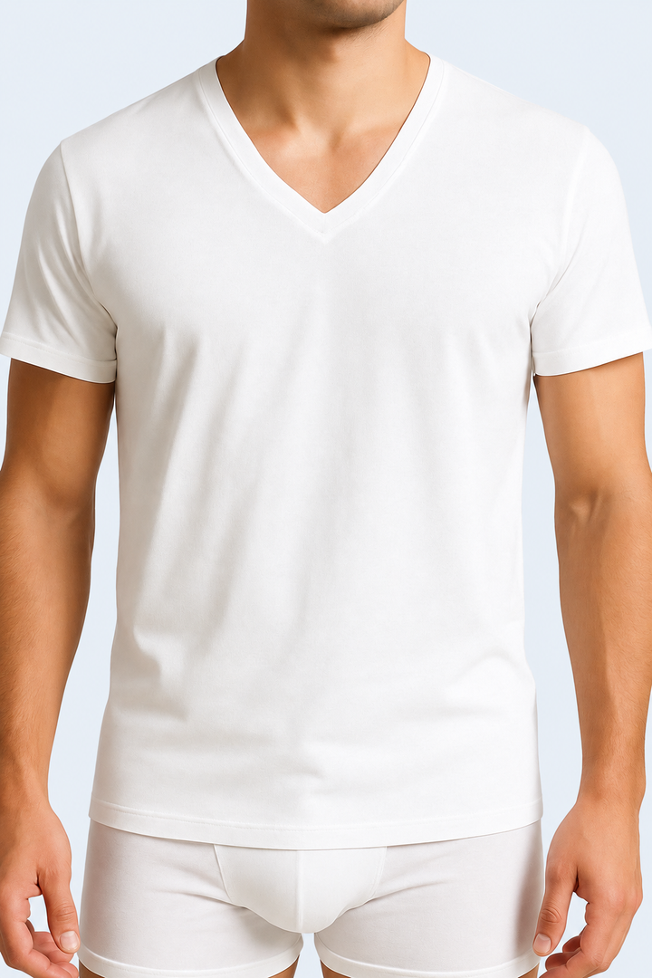 A man wearing a white V-neck half-sleeve undershirt and white briefs.