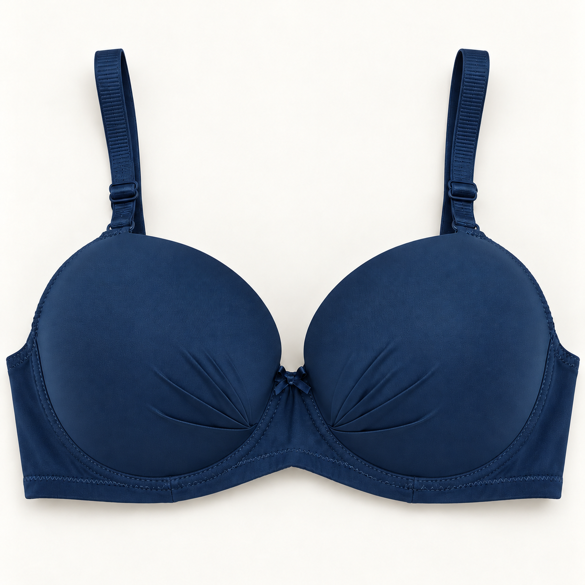 Navy gathered-cup unpadded push-up bra with matching straps and centre bow
