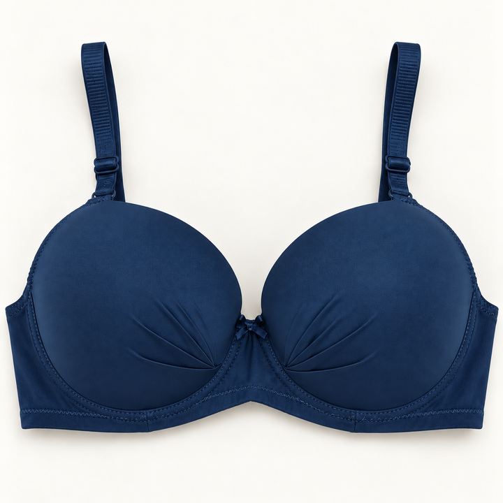 Navy gathered-cup unpadded push-up bra with matching straps and centre bow